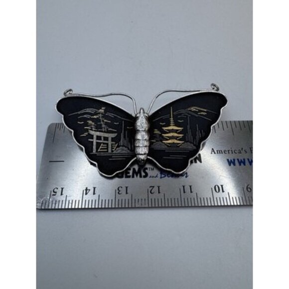 Vintage Amita Japanese Damascene Butterfly Pagoda Scene Sterling Silver Brooch - Picture 5 of 7